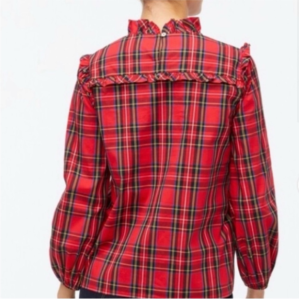 J. Crew Tartan Plaid Ruffle Popover Poplin Blouse Preppy Holiday Red Medium - Picture 3 of 11